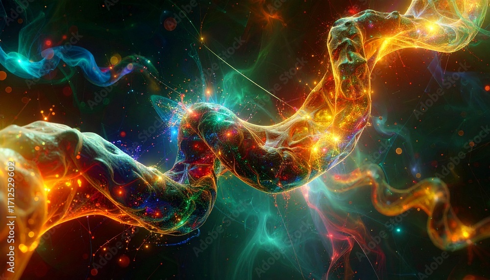 Fototapeta premium Vibrant, glowing abstract helix resembling DNA, with colorful light particles against a dark background, symbolizing science, genetics, and biotechnology.