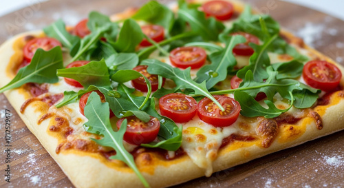 Delicious homemade pizza with vibrant arugula and juicy cherry tomatoes ready to be served for dinner