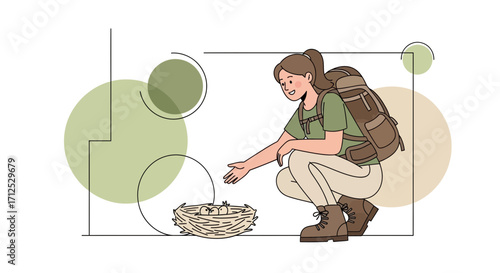 Explorer Observing New Nest With Bird Eggs In Habitat, Nature Exploration Concept Design