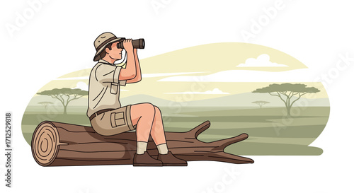 Explorer Observing Wilderness Vista Through Binoculars With Background Savannah View