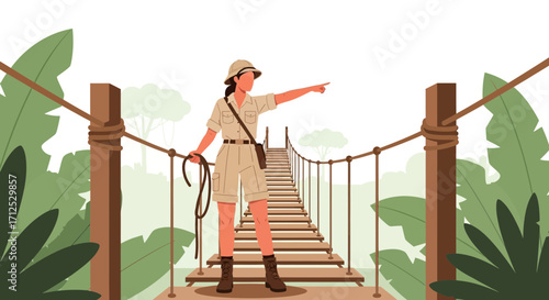 Explorer On A Suspension Bridge Guides The Path Through The Lush Jungle Landscape