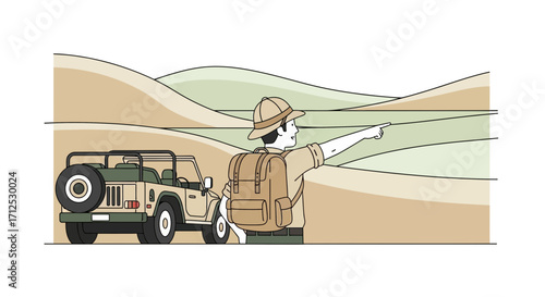 Explorer Points To Horizon While Standing Next To A Safari Vehicle In The Wilderness