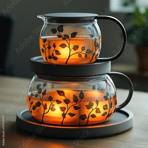 Stack of Tea Pots Filled with Tea and Decorated with Leaves