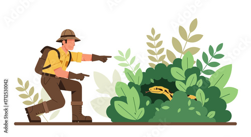 Explorer Points At Dangerous Snake Hidden In Jungle Bushes Illustration Of Danger