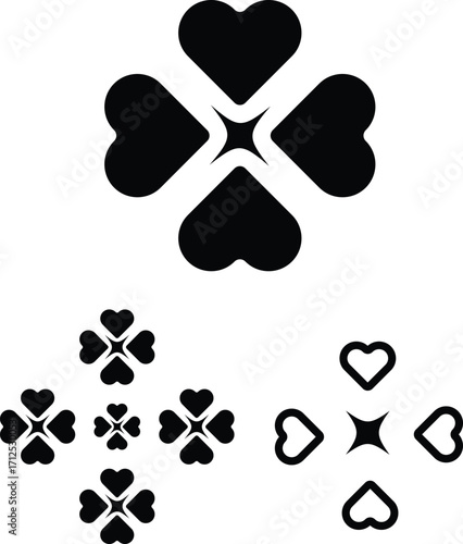Four black heart shaped clover designs offering good luck and love symbolism