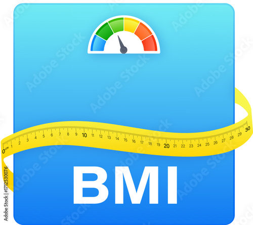 BMI calculator measuring body mass index with colorful gauge and measuring tape