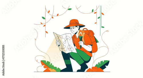 Explorer Reads Map In Jungle Illustration With Torch And Travel Backpack Equipment