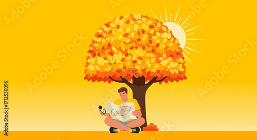 Explorer Reading Map Beneath The Tree In Autumn With The Bright Sun Shining