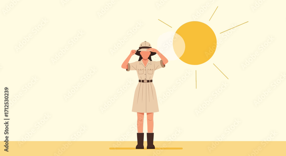Obraz premium Explorer Shielding Eyes From Sunshine Under A Bright Yellow Celestial Body In The Outdoors