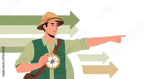 Explorer Showing The Way With Compass Guiding And Pointing Towards A Destination