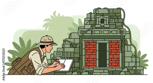 Explorer Sketching Ancient Structure Amidst Lush Jungle Vegetation Depiction