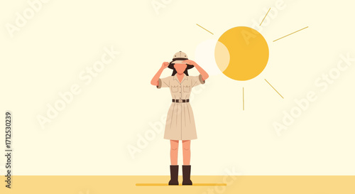 Explorer Shielding Eyes From Sunshine Under A Bright Yellow Celestial Body In The Outdoors