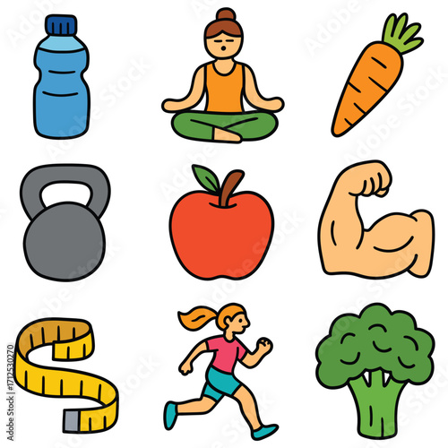 Hand-drawn cartoon healthy lifestyle icon set isolated on white background. Water bottle, yoga, carrot, weight, apple, bicep, meter, run, broccoli. Vector illustration.