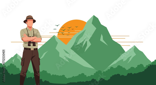 Explorer Standing in Front of Majestic Mountains During Sunset, Vector Illustration