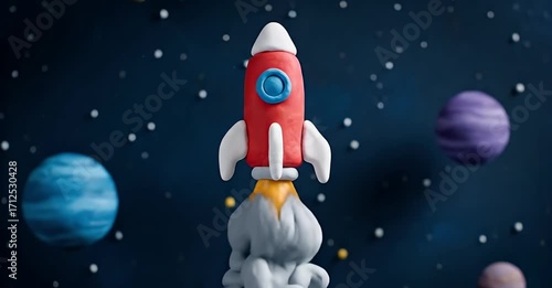 Claymation rocket ship blasting off into space with planets and stars in the background.