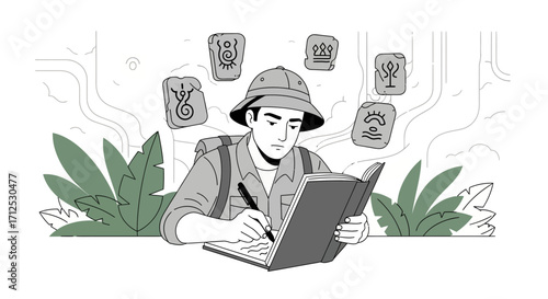 Explorer Studying Ancient Runes and Documenting in Journal Amidst Jungle Foliage Illustration