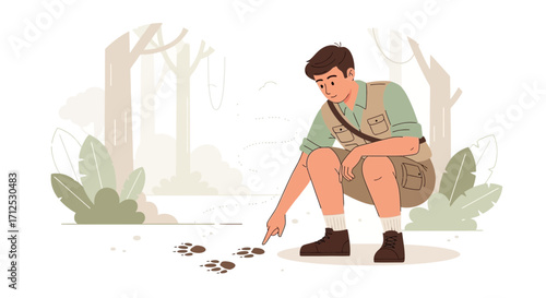 Explorer Studying Animal Tracks in the Wilderness, Discovering Wildlife in Nature