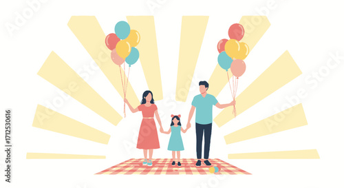 Family With Balloons Enjoying The Sunshine Together Happiness And Leisure Time