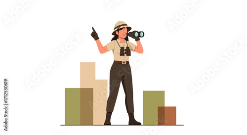 Explorer Uses Binoculars to Observe a Scene From an Elevated Position Perspective