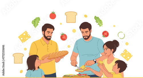 Family's Collaborative Sandwich Creation: A Culinary Illustration and Happy Moments