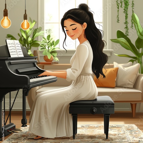 Woman Playing Piano at Home in Peaceful, Sunny, and Elegant Setting