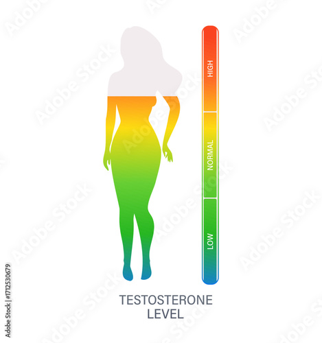 Female silhouette representing testosterone level measuring with colored bar from low to high