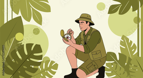 Explorer Using Compass Surrounded By Lush Tropical Foliage In Search For Directions