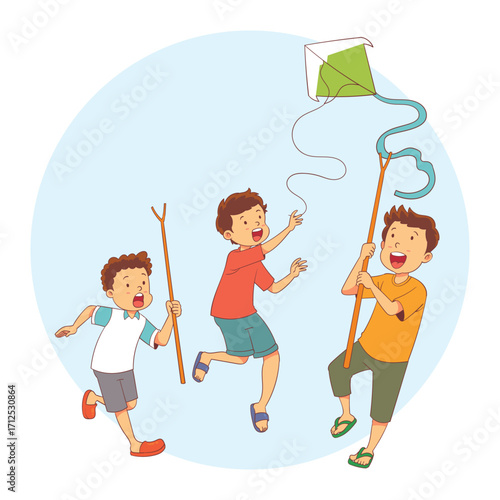 children chasing a broken kite