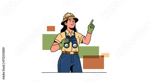 Explorer With Binoculars Indicating Something In The Distance, Illustration Over White Background