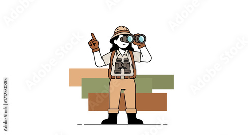 Explorer With Binoculars Pointing Upward Searching For Something Curious In Nature