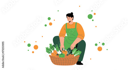 Farmer Inspecting Freshly Harvested Vegetables in a Wicker Basket for Consumption