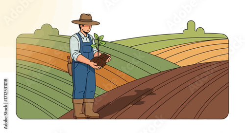 Farmer Holding Seedling In A Field Ready To Plant For Sustained Agricultural Abundance