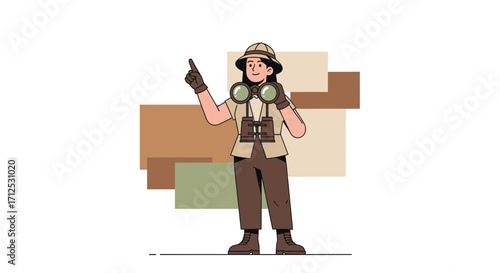 Explorer Woman Pointing Upward With Binoculars Standing And Discovering Something In Nature