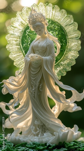 Elegant Guanyin Statue with Green Halo Holding Lotus Flowers Outdoor