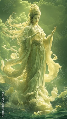 Elegant Lady Rising From Water in Dreamlike Green and White Setting