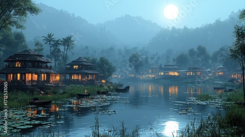 Tranquil Lake Village at Dusk with Buildings Reflecting Warm Light