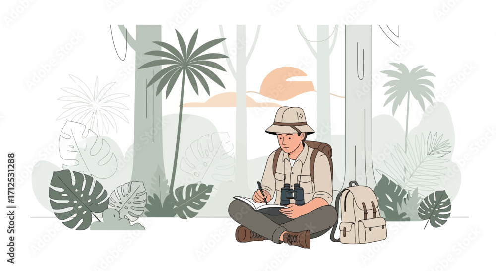 Fototapeta premium Exploring Jungle: Journey, Observation and Sketching, Depicting Adventurous Expedition Scene