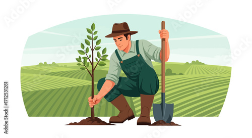 Farmer Planting Tree In Field, Symbolizing Growth And Environmental Conservation Effort
