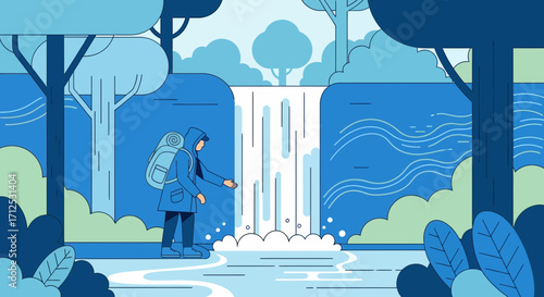 Exploring The Serene Waterfall: A Silhouette Of Adventurous Hiker In A Nature Setting