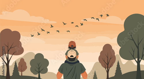 Father And Child Explore Nature, Admiring Birds Flying Over a Beautiful Sunset