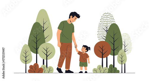 Father And Child Walking Amongst The Trees, A Warm Moment Between Parent And Offspring
