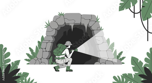 Exploring The Unknown: Adventurer Illuminated Cave Entrance Vector Illustration Design