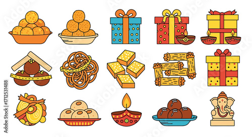Diwali Sweets Gifts Festive Icons Indian.