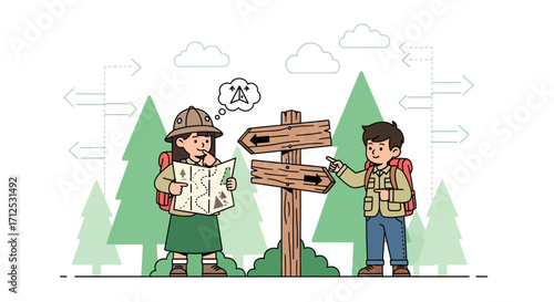Exploring The Wilderness: A Duo Navigating Trails With Maps and Destination Signage