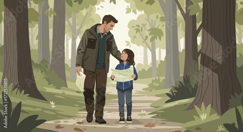 Father And Daughter Exploring Nature With A Map During A Forest Walk Adventure