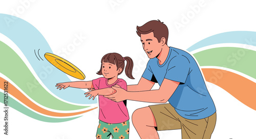Father And Daughter Playing With A Frisbee, Quality Time And Fun Together