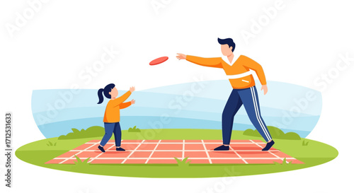 Father And Daughter Joyfully Playing With Frisbee On A Picnic, Summer Outdoor Fun