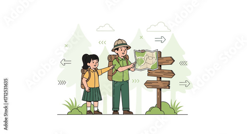 Father And Daughter On Hiking Trip Identify The Route On A Map Together