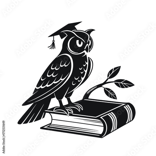 Academic emblem featuring a wise owl wearing a graduation hat, perched on a book, representing wisdom, learning, and scholarship