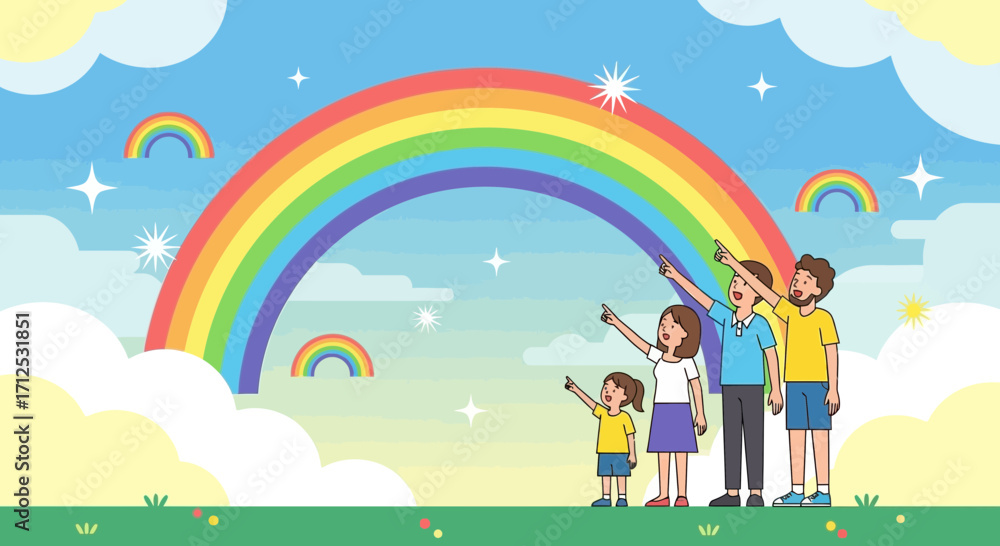 Naklejka premium Family Appreciating Colorful Sky and Rainbow with Clouds Over Beautiful Green Field